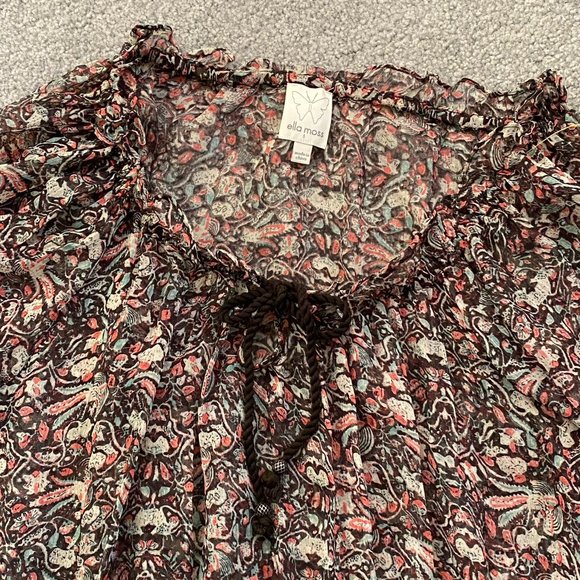 - Ella Moss Loose Floral 100% Silk Blouse Ruffled Neckline & Hem SMALL   - K918 - Picture 6 of 10